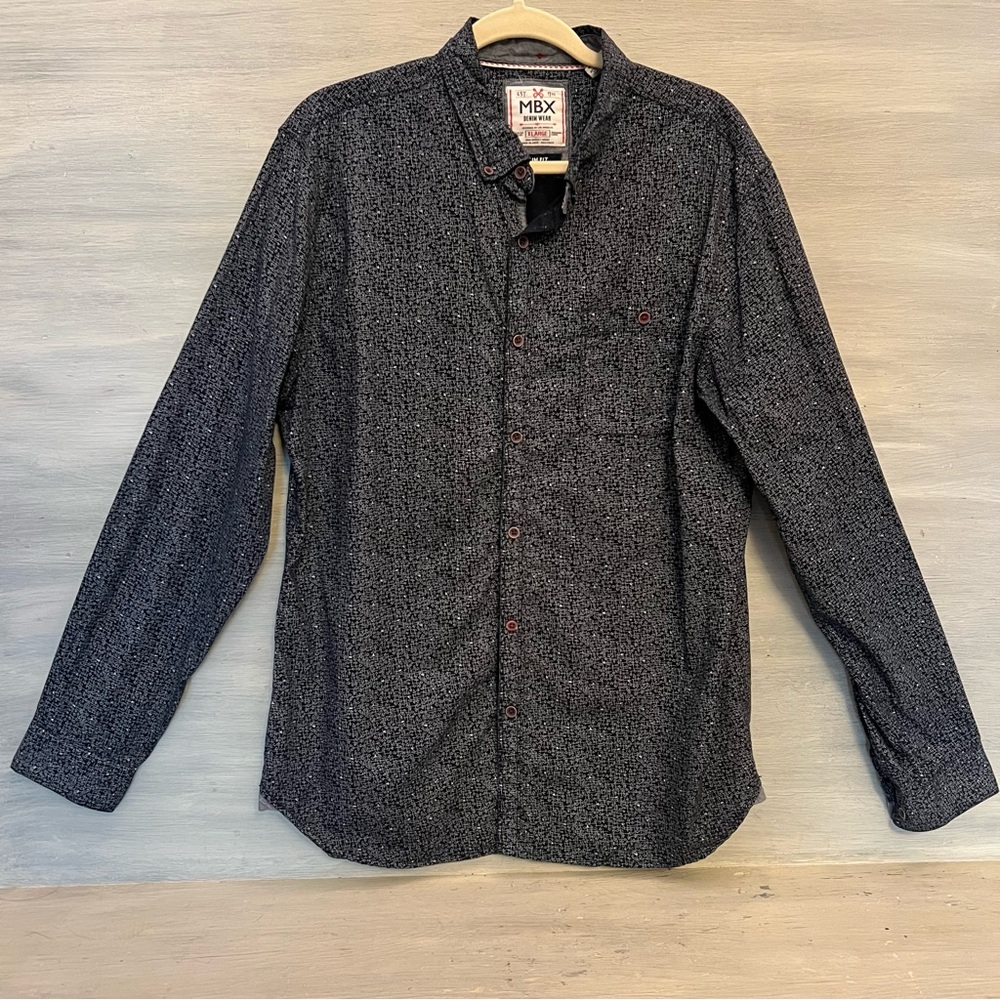 MBX Denim Wear Slim‎ Fit Navy Blue Abstract Print Button Down Shirt XL GC
